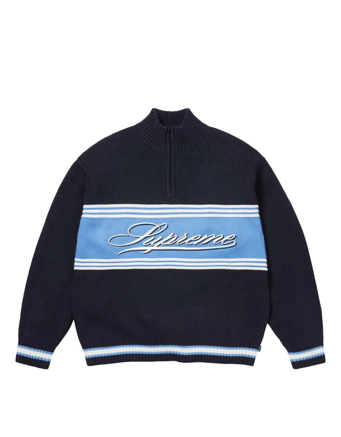SWEATER SUPREME SCRIPT STRIPE BLUE HALF ZIP